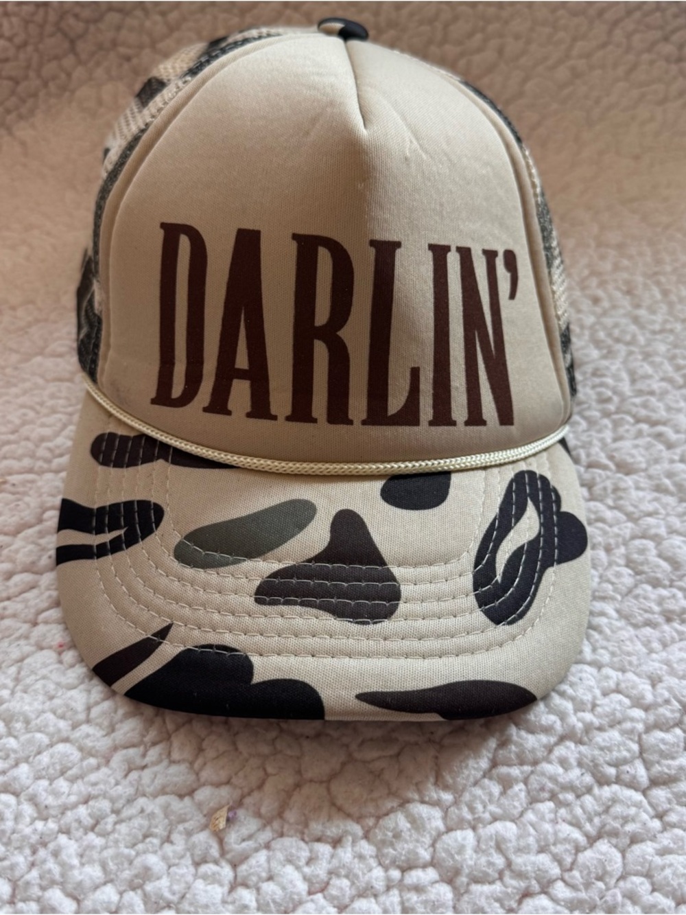 Darlin Trucker Hat Cow Print Western Snapback Cream Brown Country Cap
